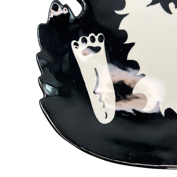 Cats by Nina Lyman Black White Ceramic Plate Platter Orange Eyes Laying on Back - Picture 4 of 11